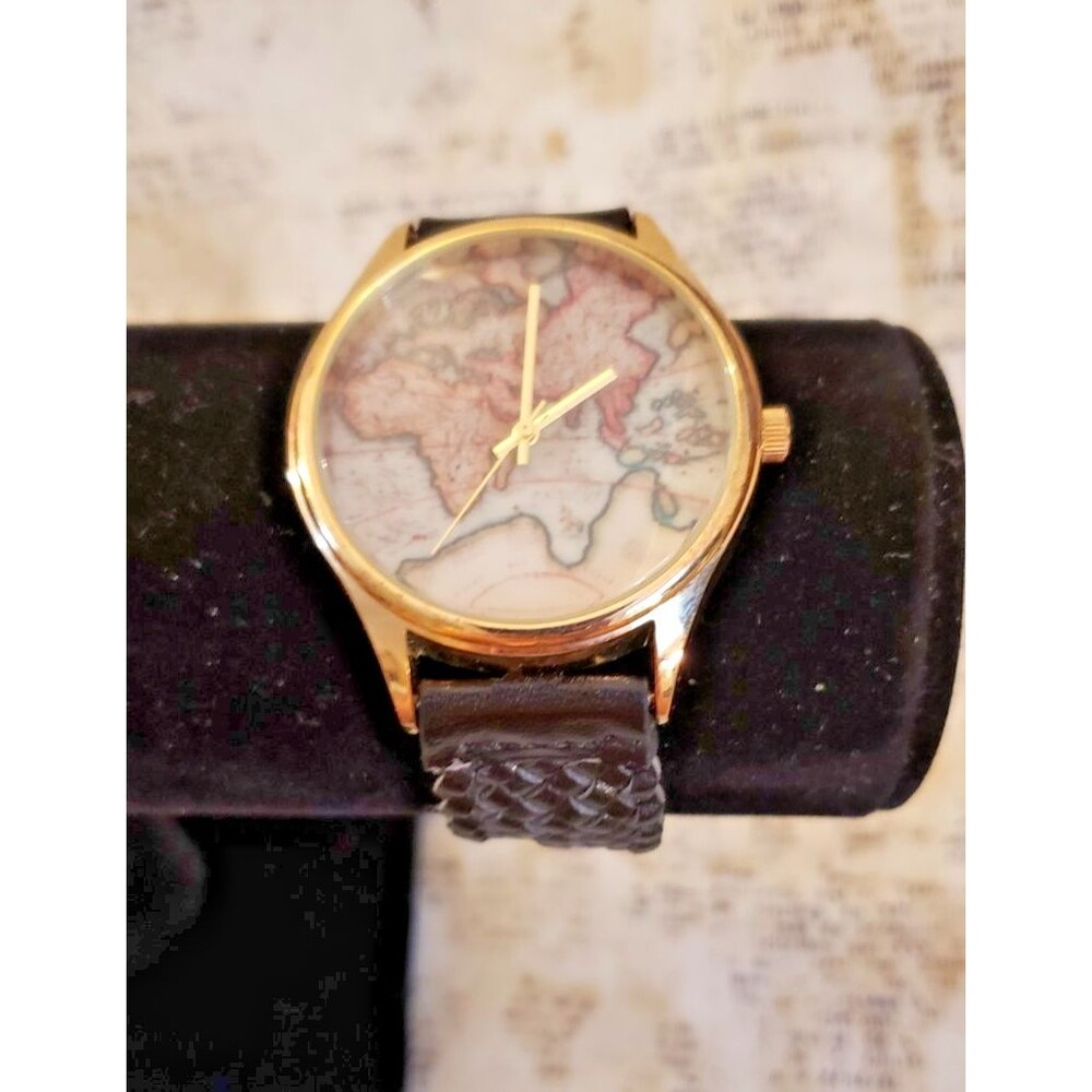 Classy, Simple- Geneva World Map Watch - Large Face with Black Braided Band
